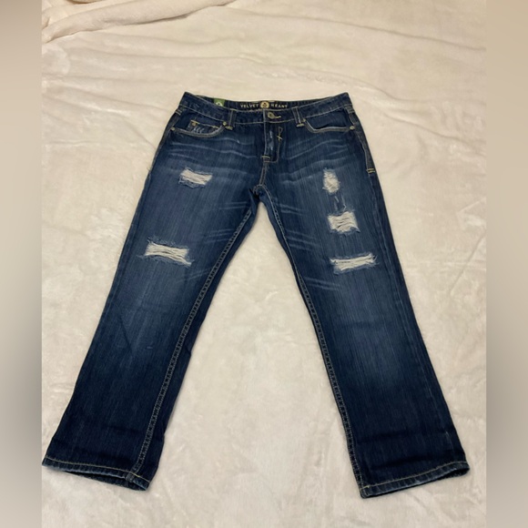 Velvet Heart Distressed Dark Blue Cropped Boyfriend Jean Size 28 - Picture 6 of 7